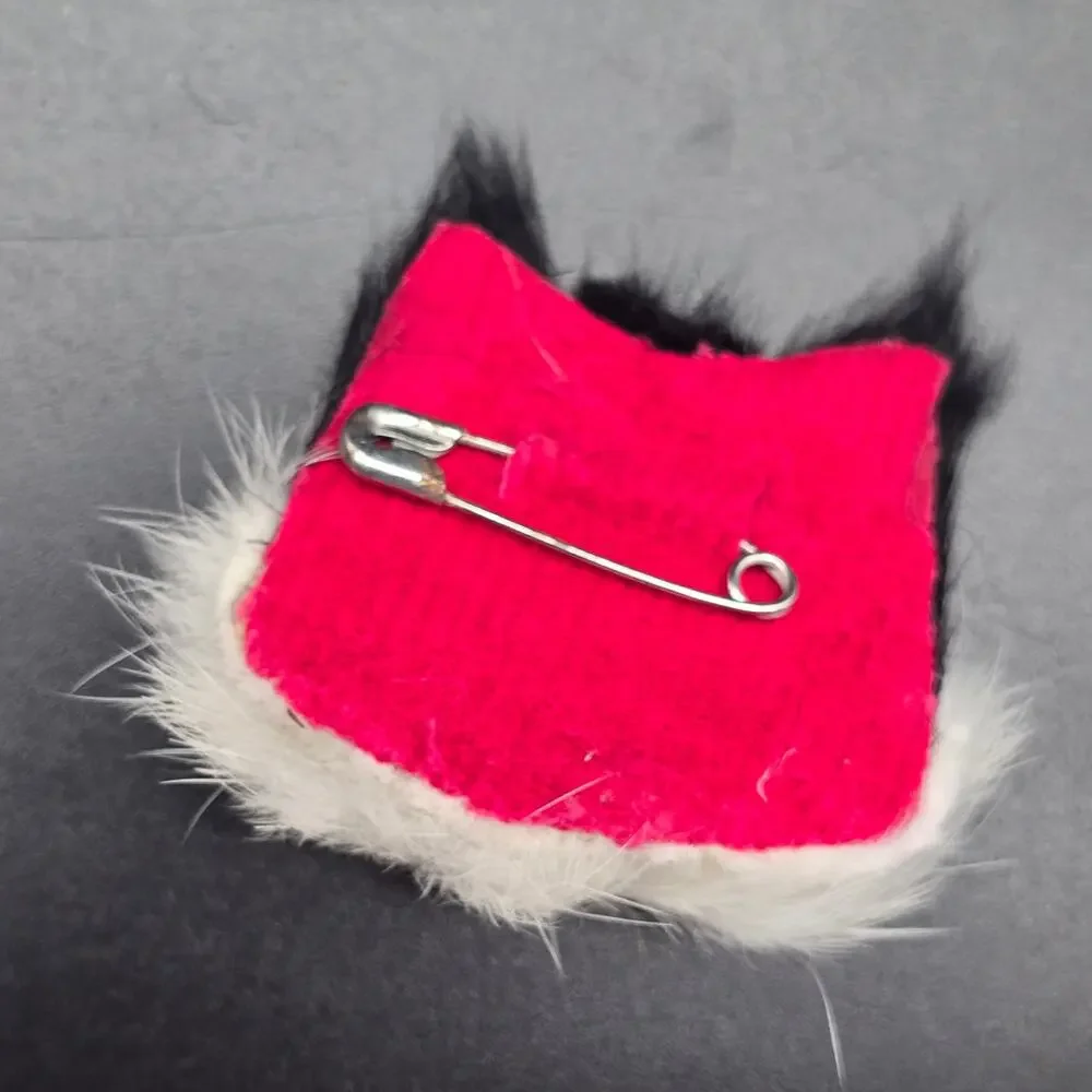 Furry Black White Cat Brooch Hand Crafted Vintage Jewelry